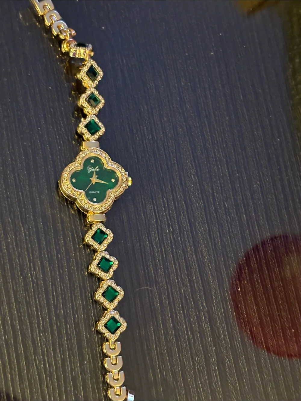 Watch-Emerald Green simulated 4 Leaf Clover GOLD TONE Watch Diamond like Bracel